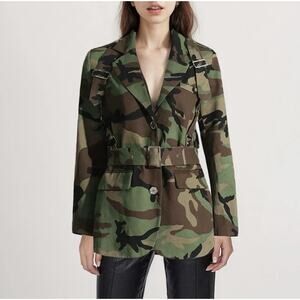 LUXE MODA 100% Cotton Camo Buckle Lace Up Military Inspired Jacket Blazer L NWT